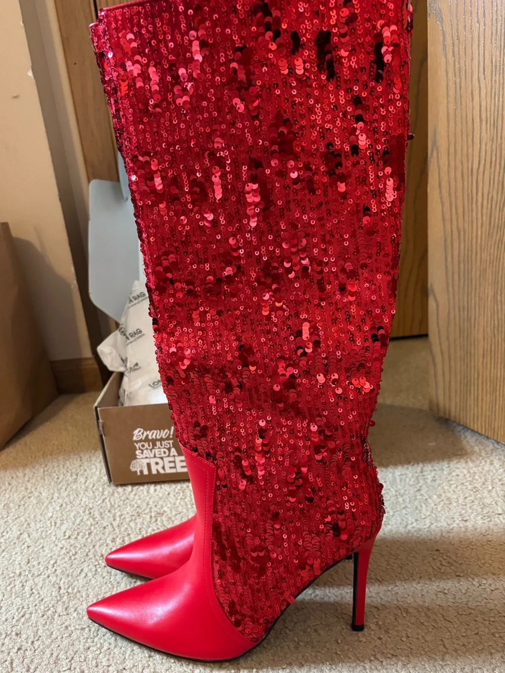 Red Sequin Over-the-Knee Stiletto Boots